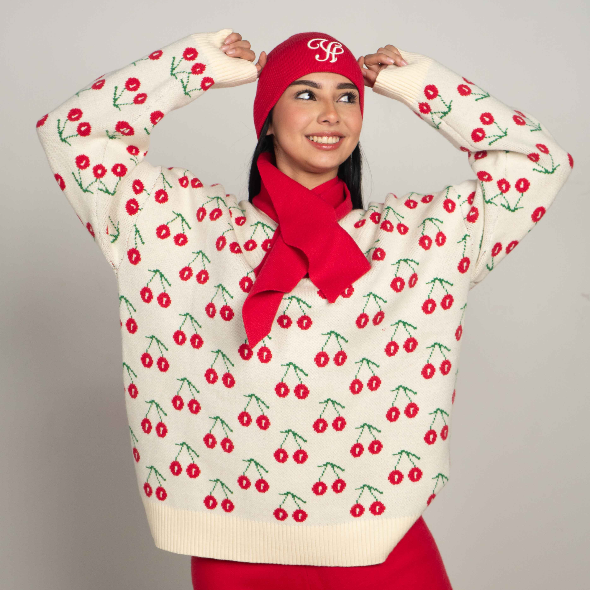 Yushe Crew Neck Cherry Patterned Pullover and Pants Set